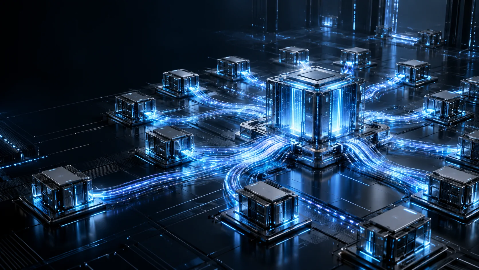 AI inference compute visualized as luminous data flows